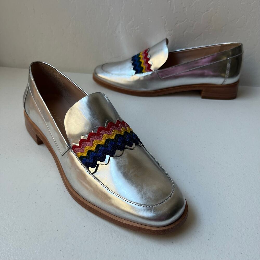 Loeffler Randall Greta Silver Metallic Leather Loafers Rainbow Size 8 Preppy
